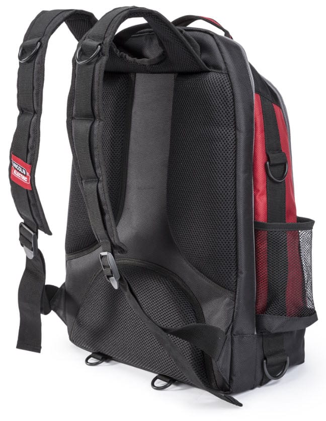 Back view of a black and red Lincoln Electric tool backpack with padded straps and mesh side pocket