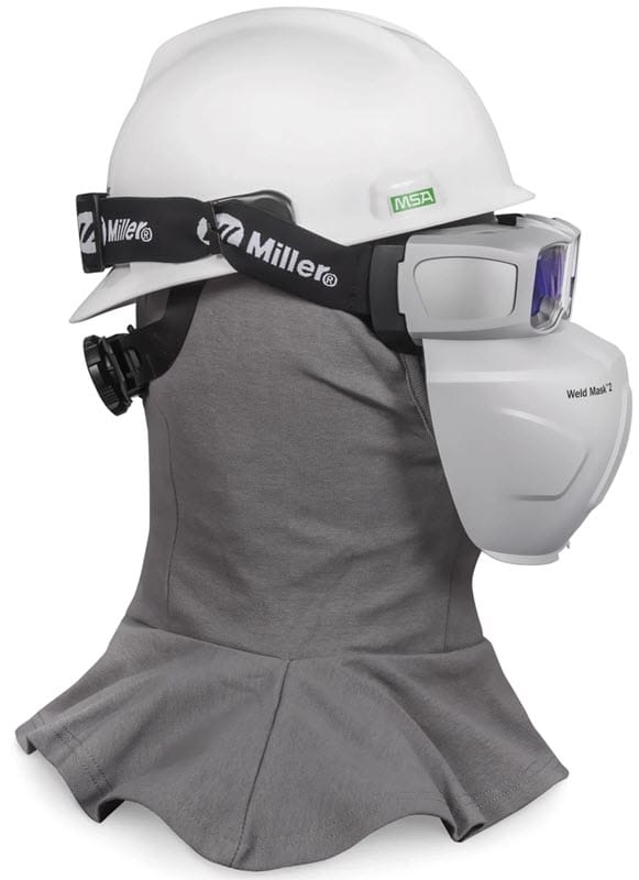 Miller Weld Mask 2 attached to a white hard hat and grey neck gaiter