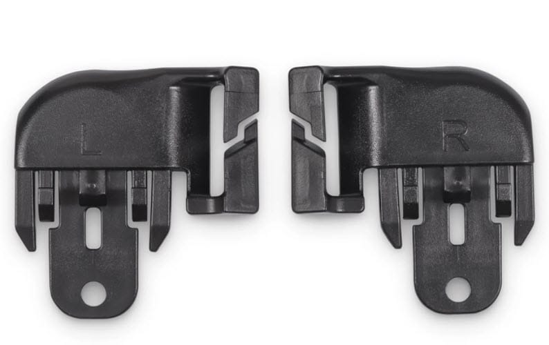 Pair of black plastic left and right mounting brackets with screw holes