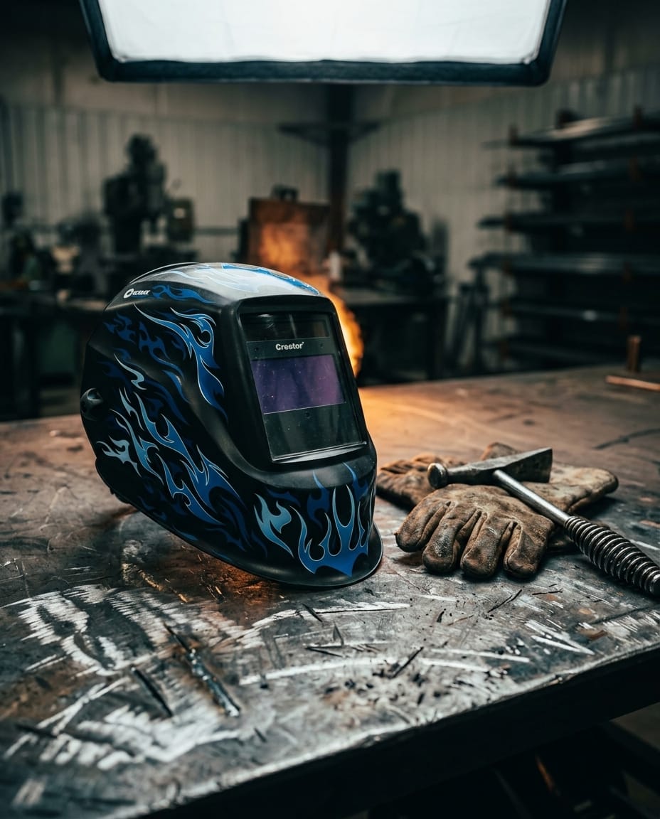 Hobart welding helmet with blue flame pattern on a metal workbench with leather gloves and a chipping hammer