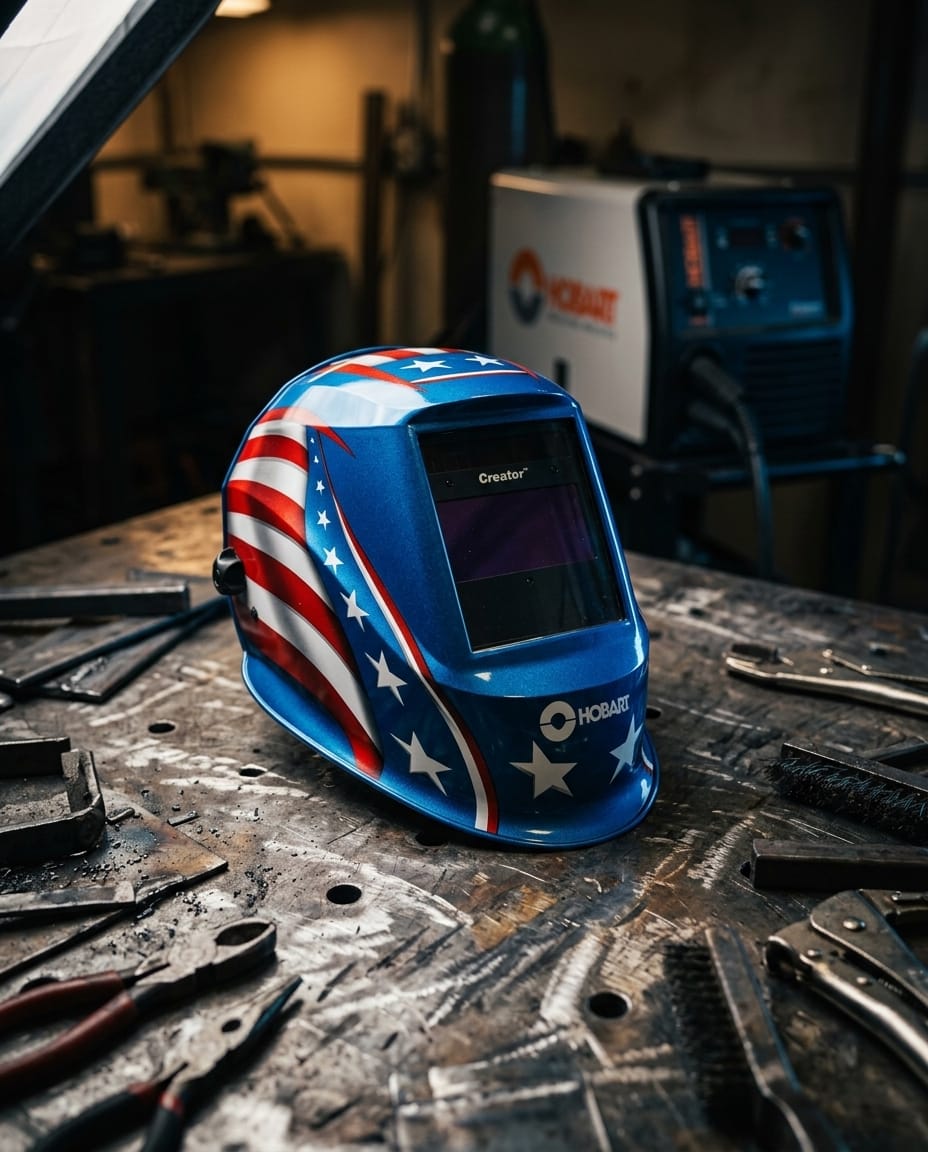 Hobart welding helmet with American flag design on a workbench with tools