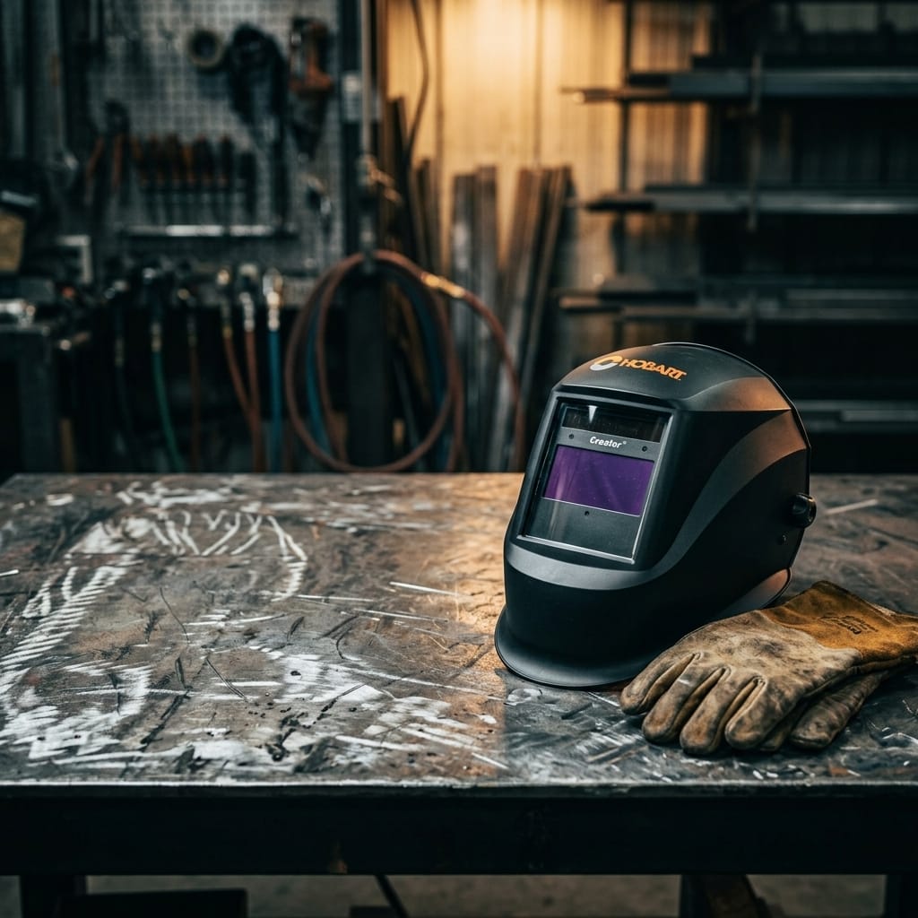 Hobart Creator welding helmet and leather gloves on a metal workbench in a workshop