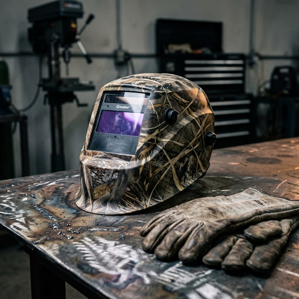 Hobart Creator welding helmet with camouflage pattern on a metal workbench with leather gloves