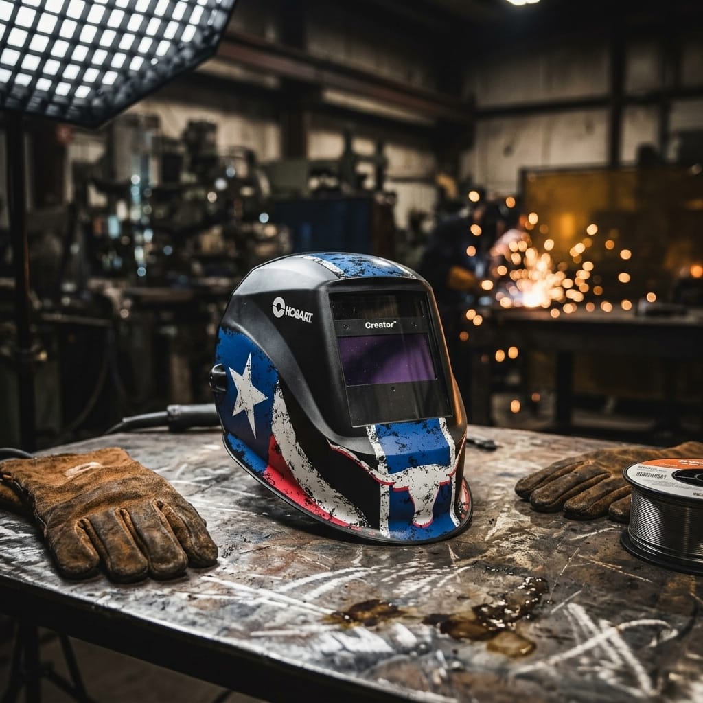 Hobart Creator welding helmet with Texas flag graphic on a workshop table with leather gloves and wire spool