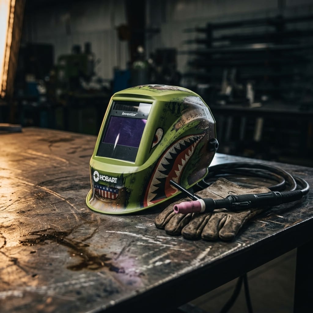 Hobart welding helmet with shark graphic and TIG torch on a metal workbench