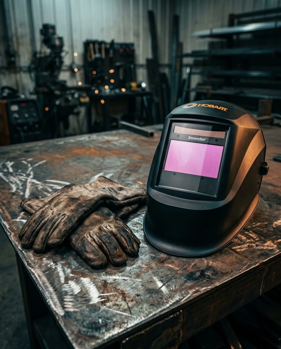 Hobart Inventor welding helmet and leather gloves on a metal workbench