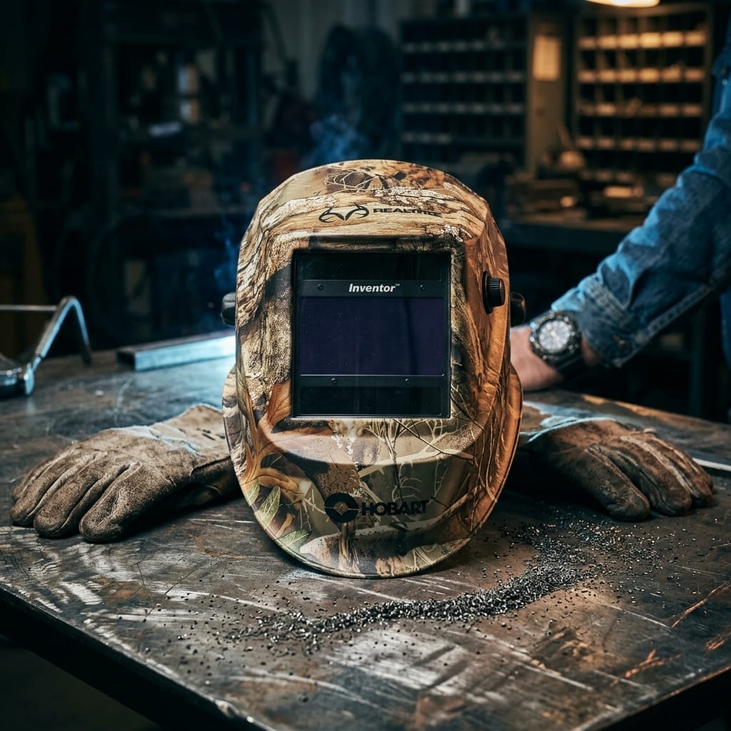 Hobart Inventor welding helmet with camouflage pattern on a metal workbench with leather gloves