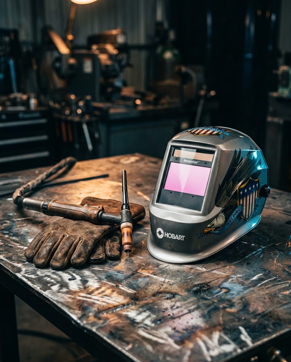 Hobart welding helmet with eagle graphic and TIG torch on a metal workbench