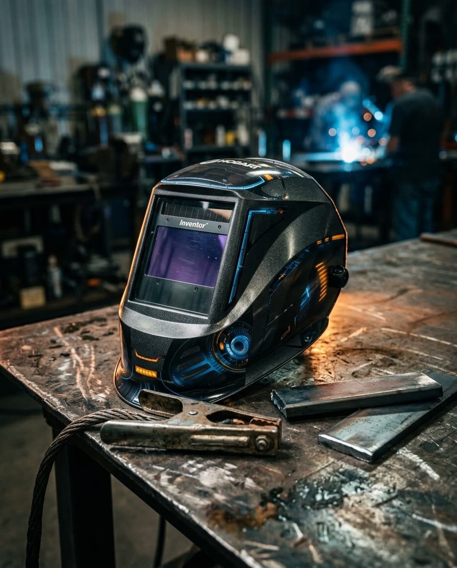 Hobart Inventor welding helmet on a metal workbench