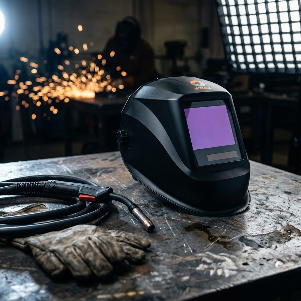 Hobart welding helmet on a metal workbench with a welding torch and glove
