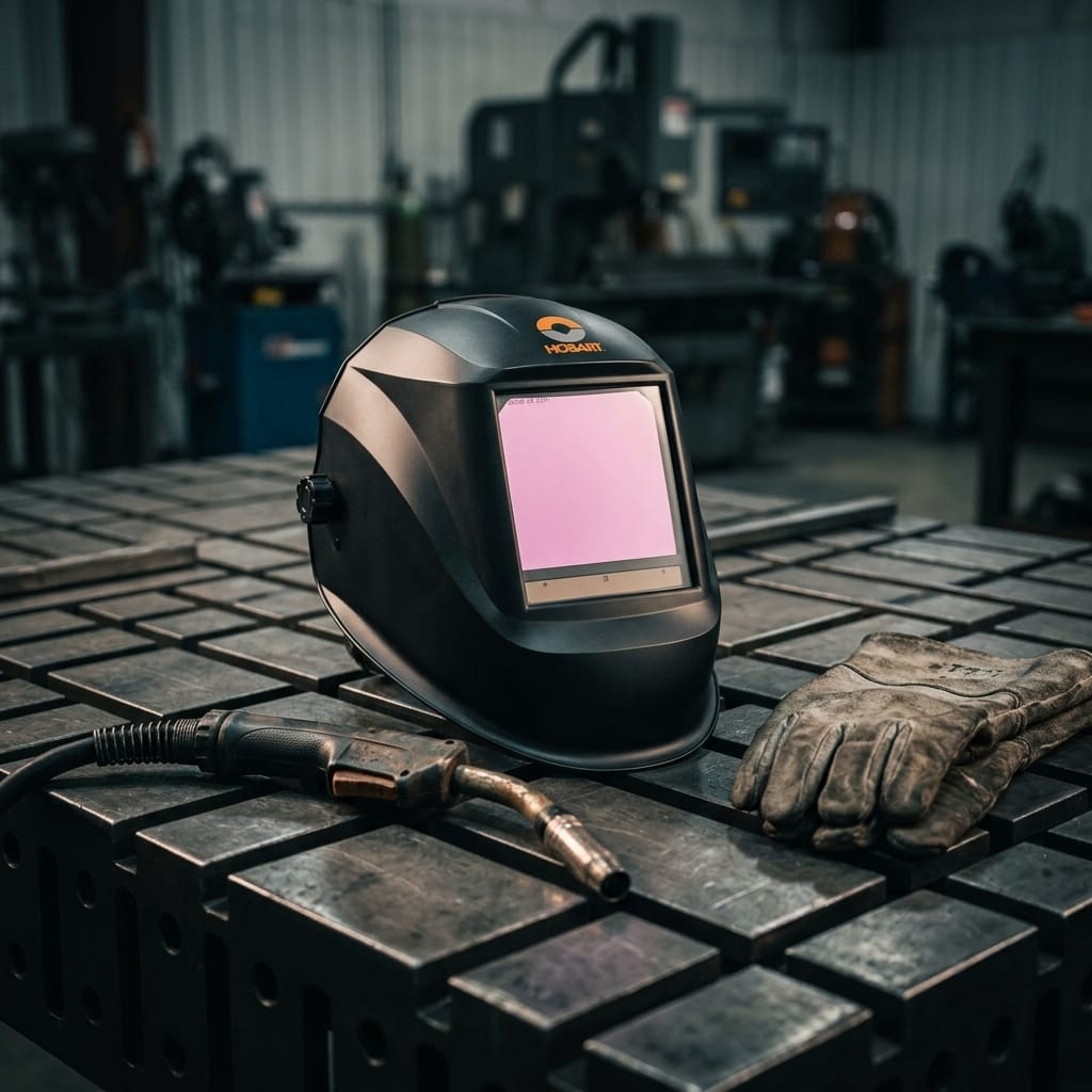 Hobart welding helmet with welding torch and leather gloves on a metal workbench