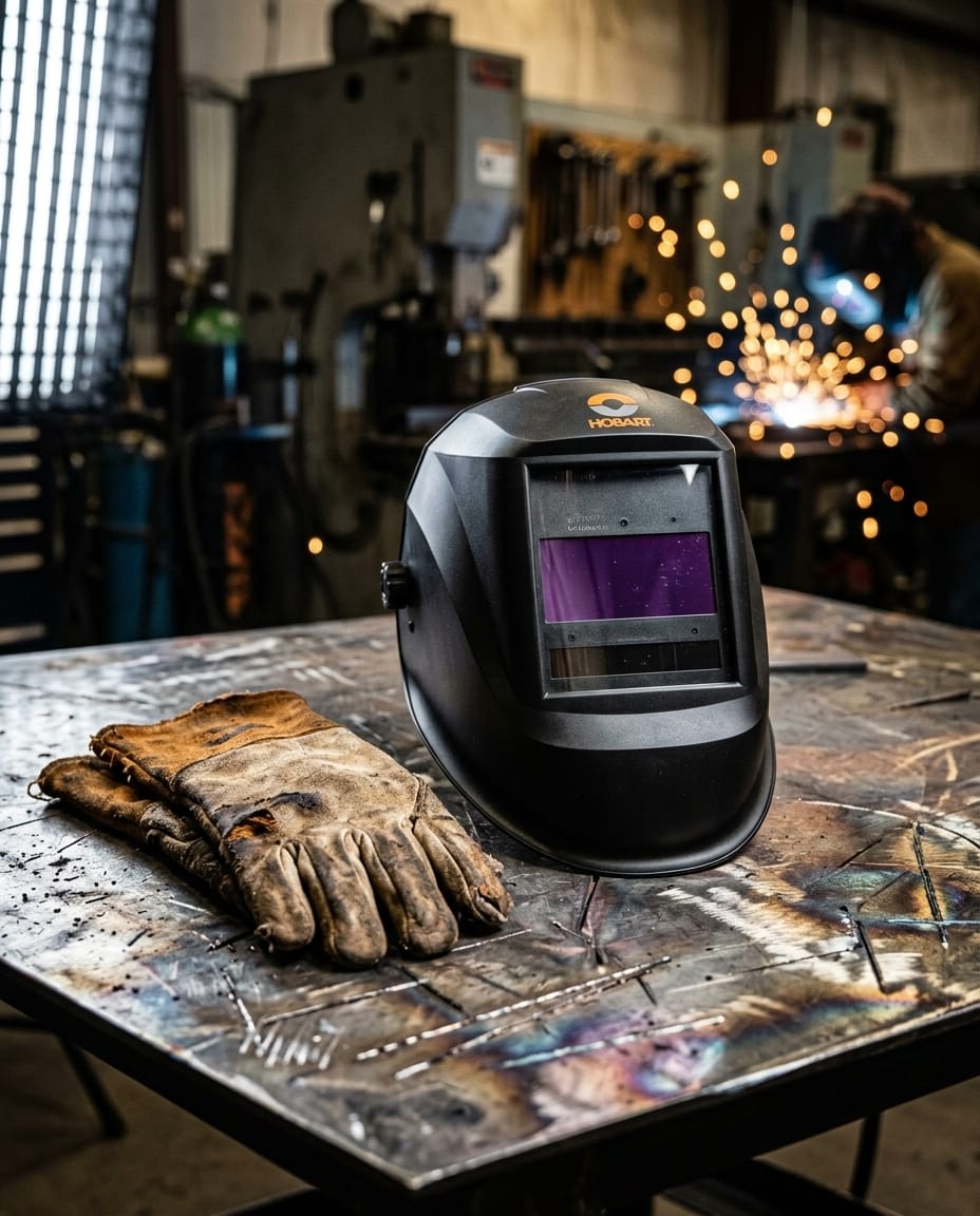 Hobart welding helmet and leather gloves on a metal workbench