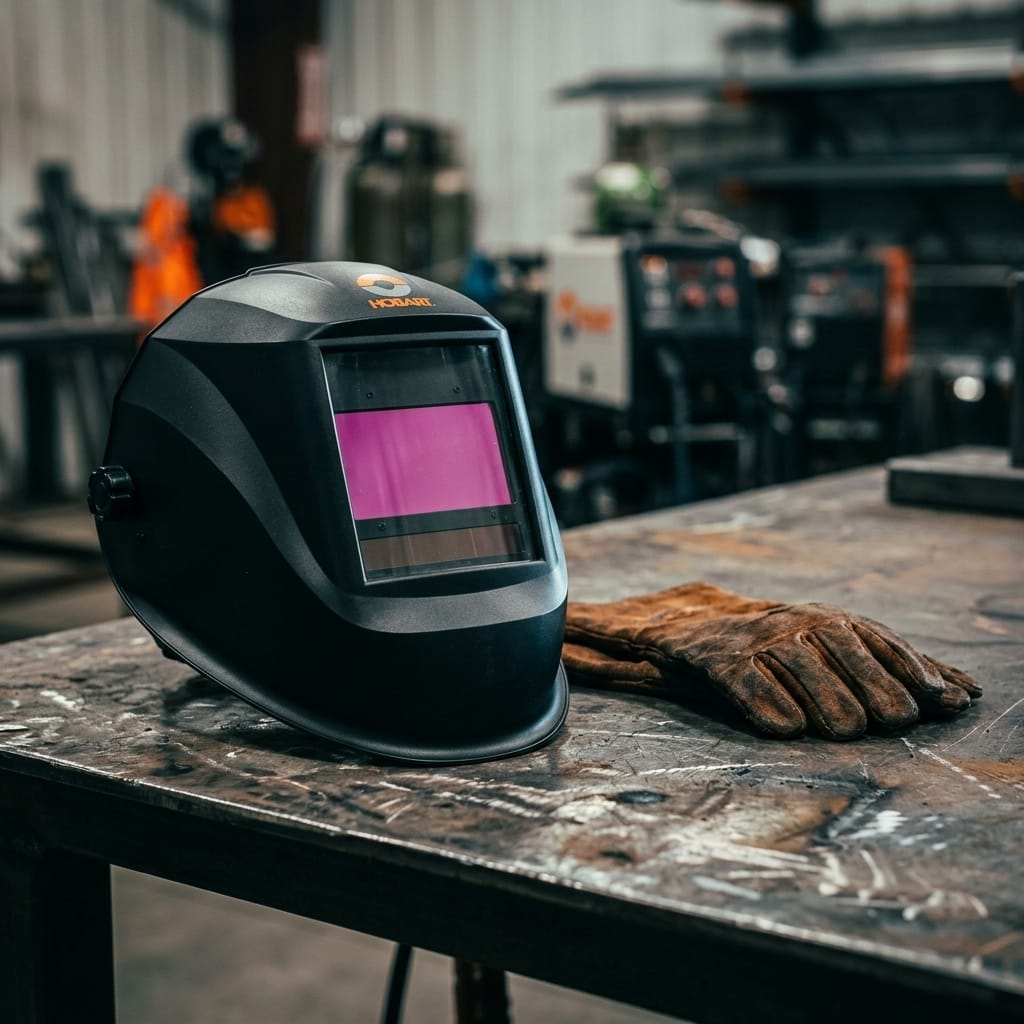 Hobart welding helmet and leather gloves on a metal workbench