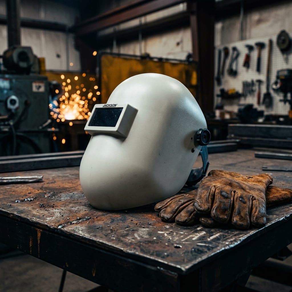 Jackson Safety welding helmet and leather gloves on a metal workbench