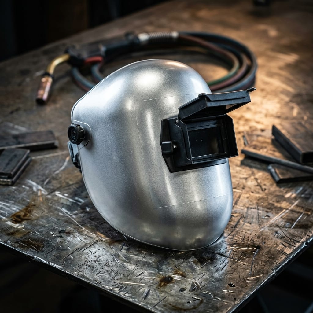Jackson Safety silver welding helmet with flip-up lens on a metal workbench