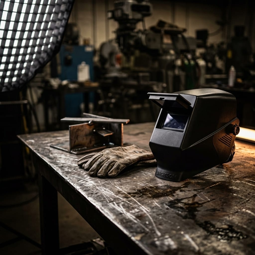 Jackson Safety welding helmet with leather glove on metal workbench