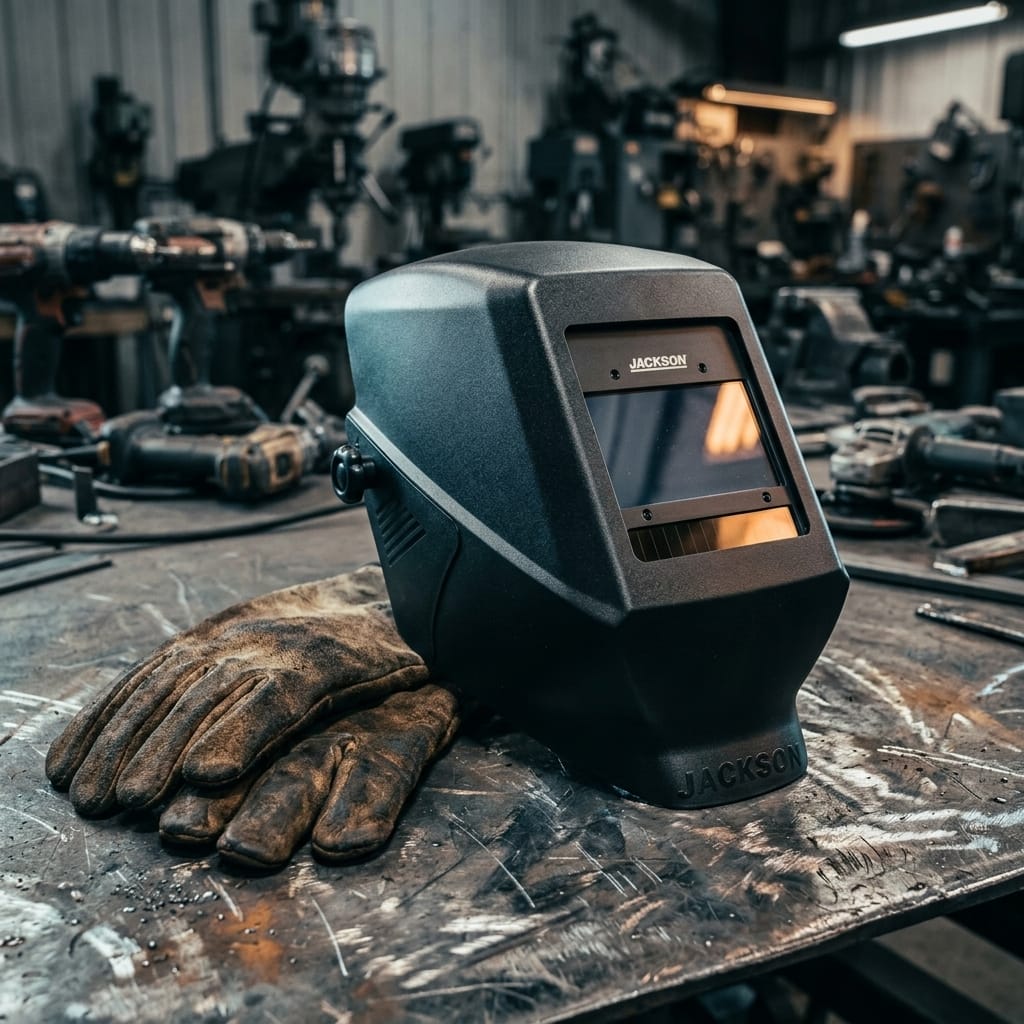 Jackson Safety welding helmet and leather gloves on a metal workshop table