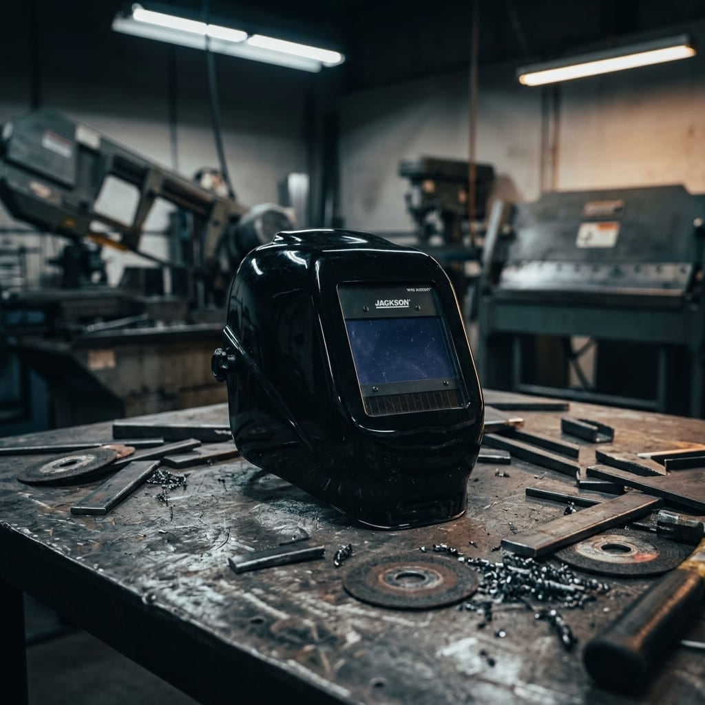 Jackson Safety black welding helmet on a metal workbench in a workshop