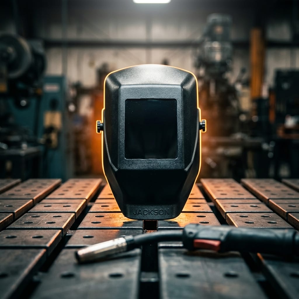 Jackson Safety welding helmet on a metal workbench