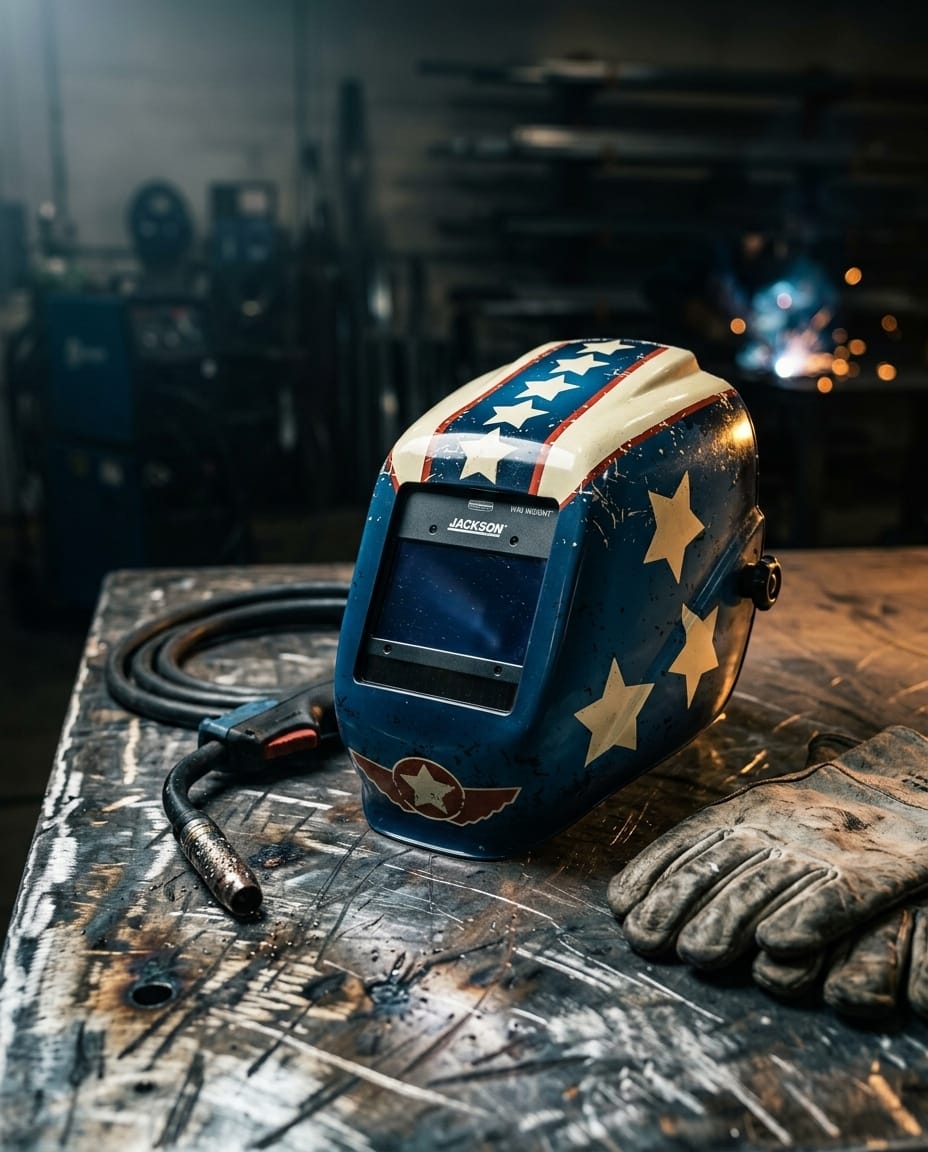Jackson Safety welding helmet with American flag star pattern on a metal workbench with welding gloves