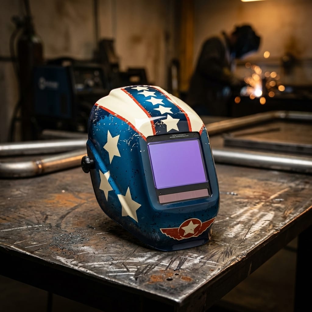 Jackson Safety welding helmet with blue and white star pattern on a metal workbench
