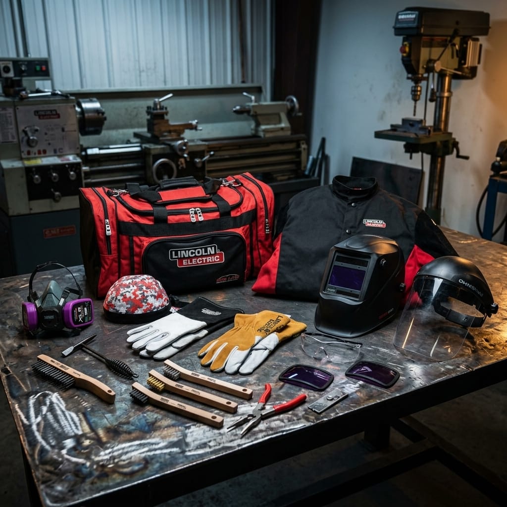 Lincoln Electric welding gear including a tool bag jacket helmet gloves and safety accessories on a workshop table