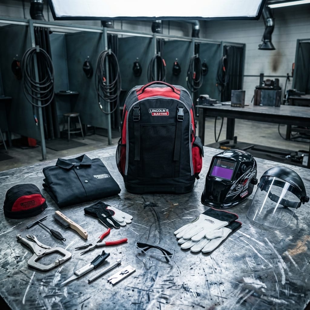 Lincoln Electric welding gear including a backpack, helmet, gloves, and tools on a metal workbench