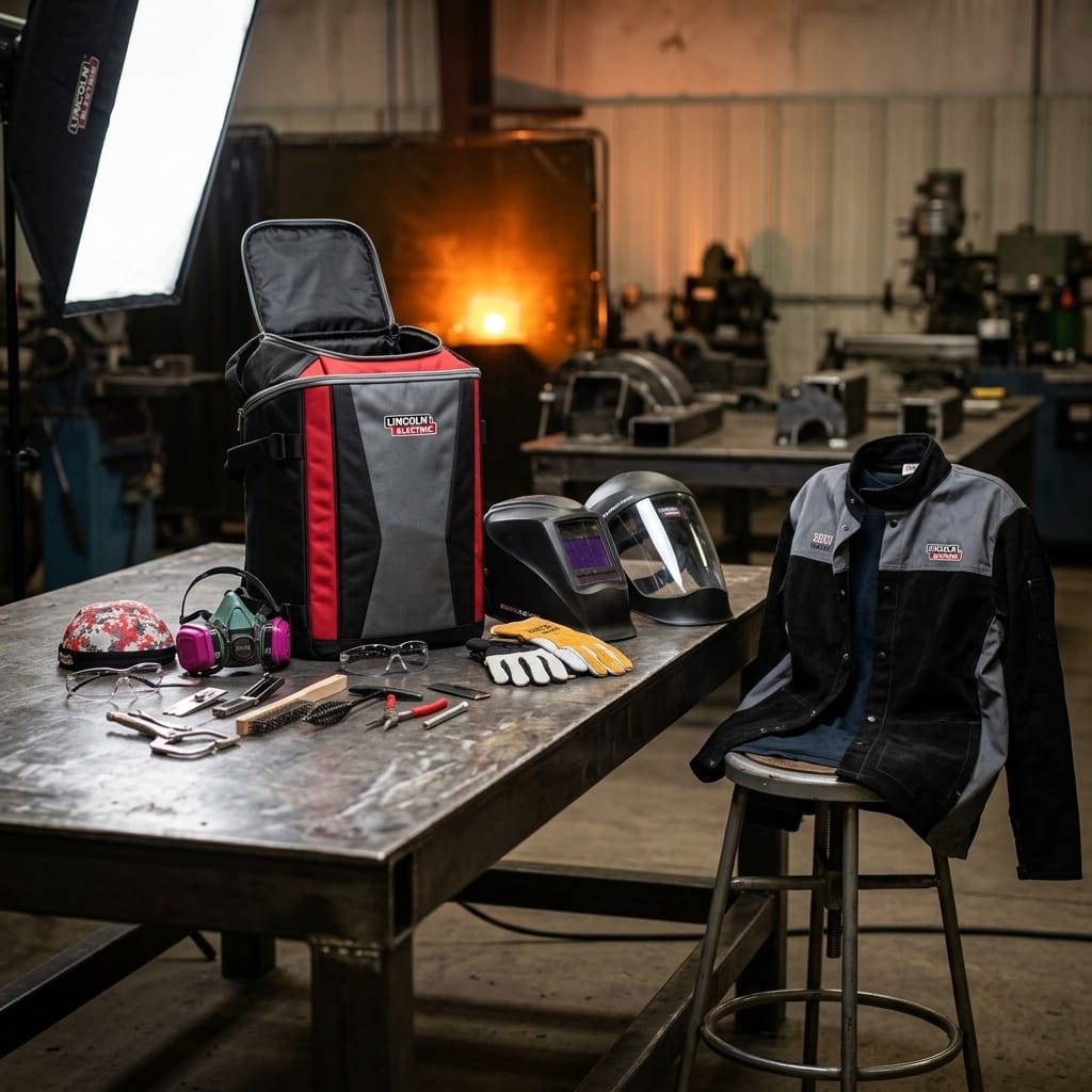 Lincoln Electric welding gear including a tool bag, helmet, gloves, and jacket on a workshop table