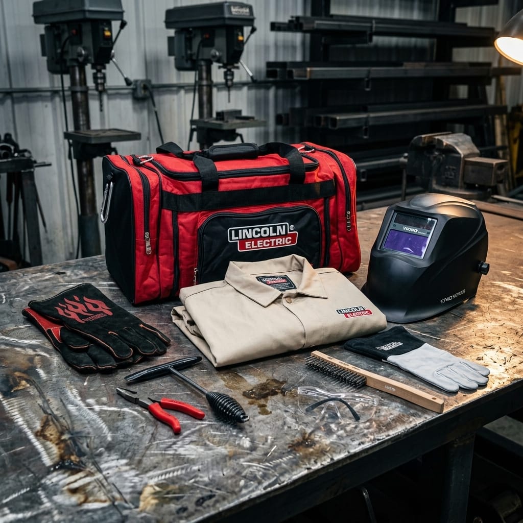 Lincoln Electric welding gear including a red tool bag, welding helmet, work shirt, gloves, and hand tools on a workbench