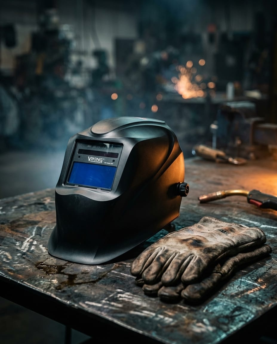 Lincoln Viking welding helmet and leather gloves on a metal workbench