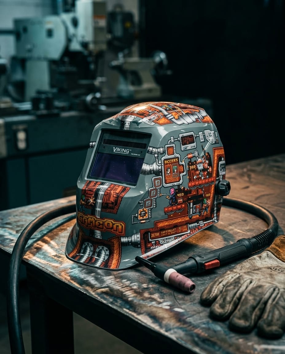 Lincoln Viking welding helmet with retro video game graphic design on a workshop workbench