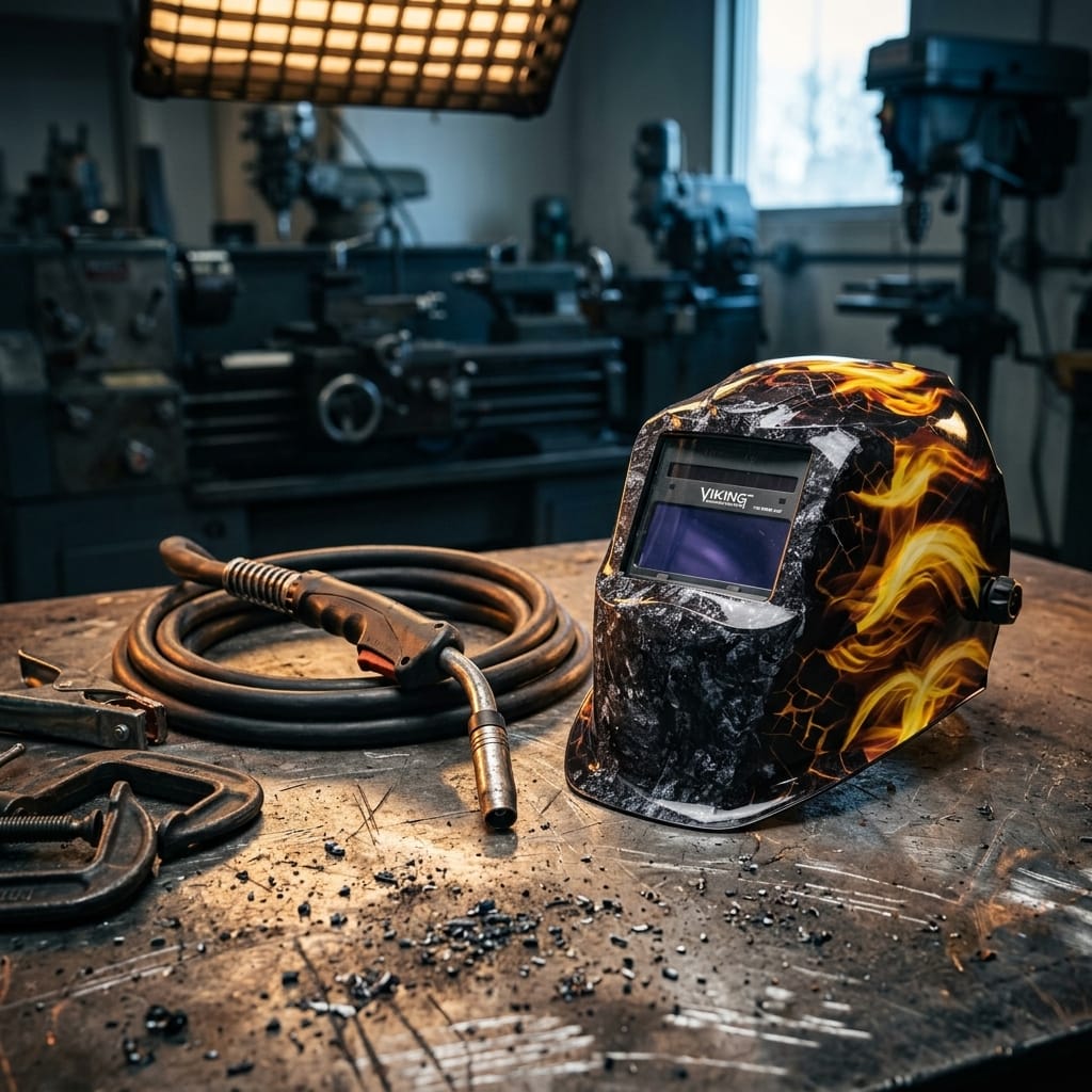 Lincoln Viking welding helmet with flame pattern on a metal workshop table