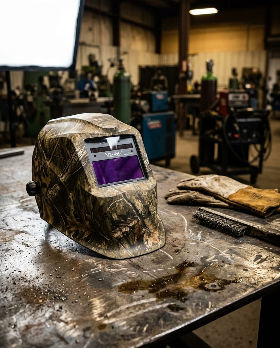 Lincoln Viking camouflage welding helmet on a metal workbench with welding gloves and a wire brush