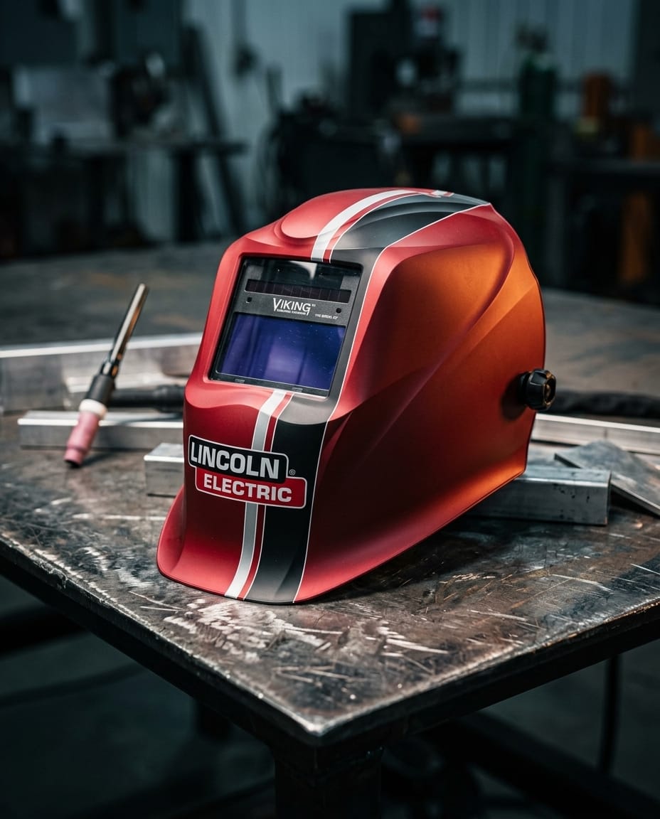 Lincoln Electric Viking welding helmet with red and black racing stripes on a metal workbench