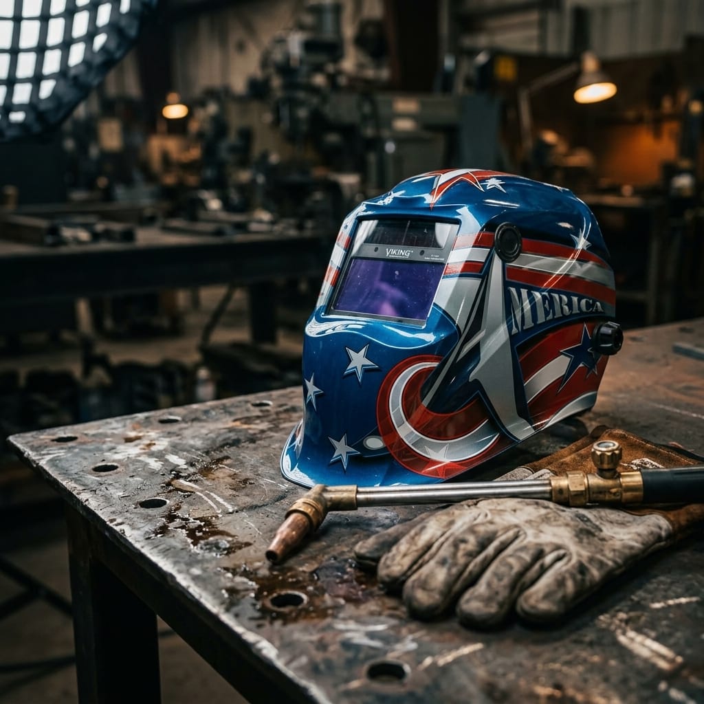 Lincoln Viking welding helmet with patriotic graphics on a metal workbench with welding gloves and a torch