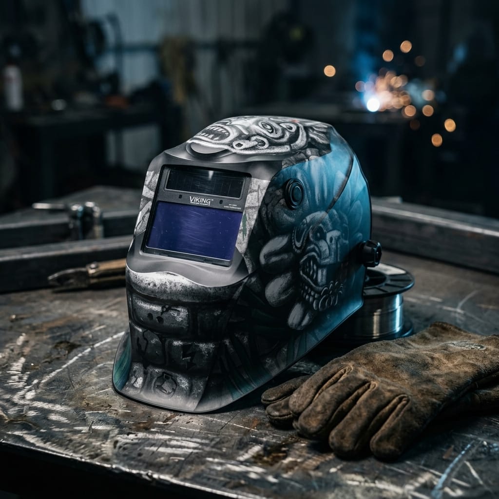 Lincoln Viking welding helmet with graphic design on a workshop table next to leather gloves