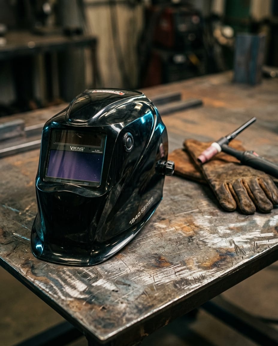 Lincoln Viking 1840 series welding helmet on a metal workbench with welding gloves and a TIG torch
