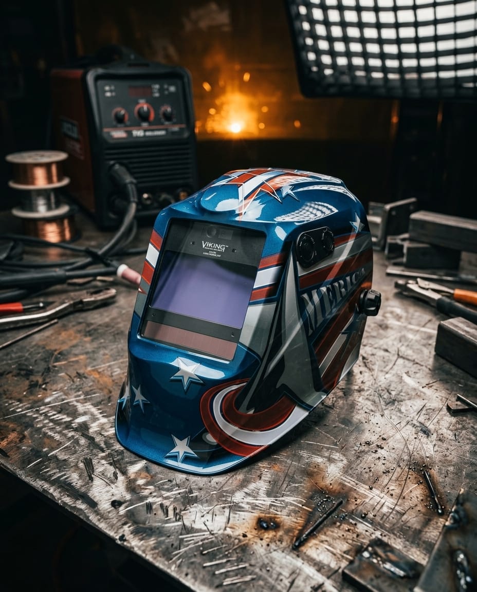 Lincoln Viking welding helmet with American flag design on a metal workbench