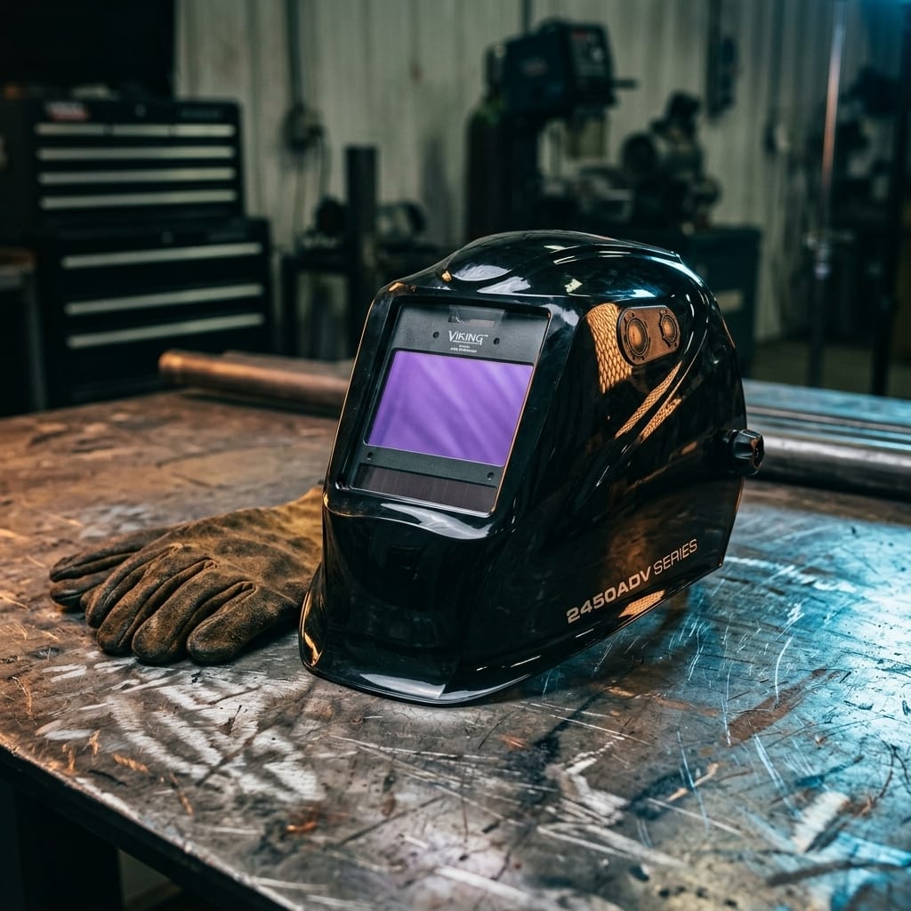 Lincoln Viking 2450ADV series welding helmet and leather glove on a metal workbench