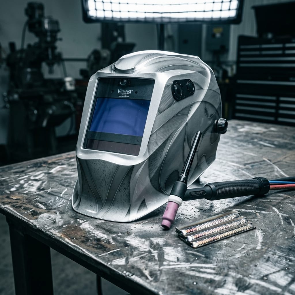 Lincoln Viking welding helmet with TIG torch and metal samples on a workbench