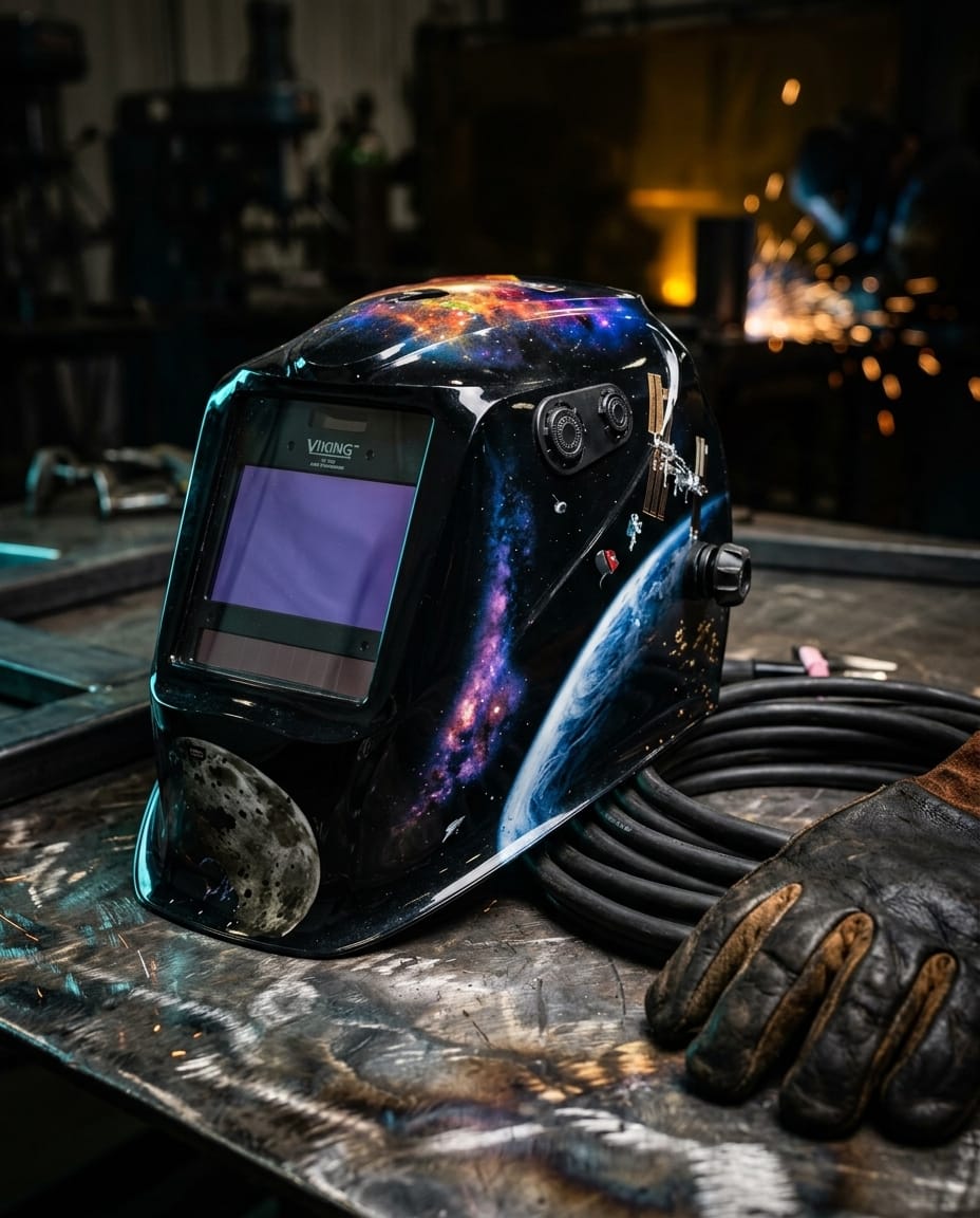 Lincoln Viking welding helmet with space theme graphic on a metal workbench