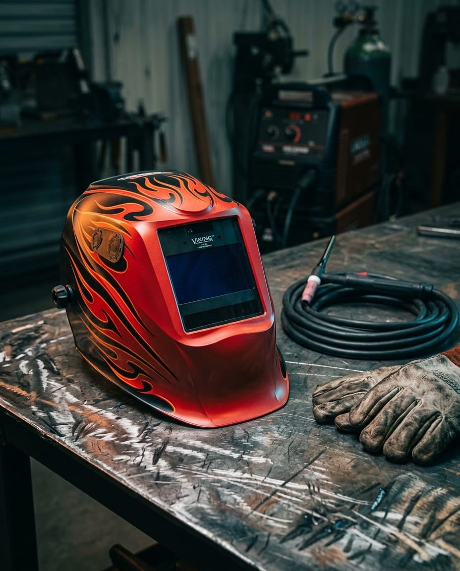 Lincoln Viking welding helmet with flame design on a workshop table with welding equipment