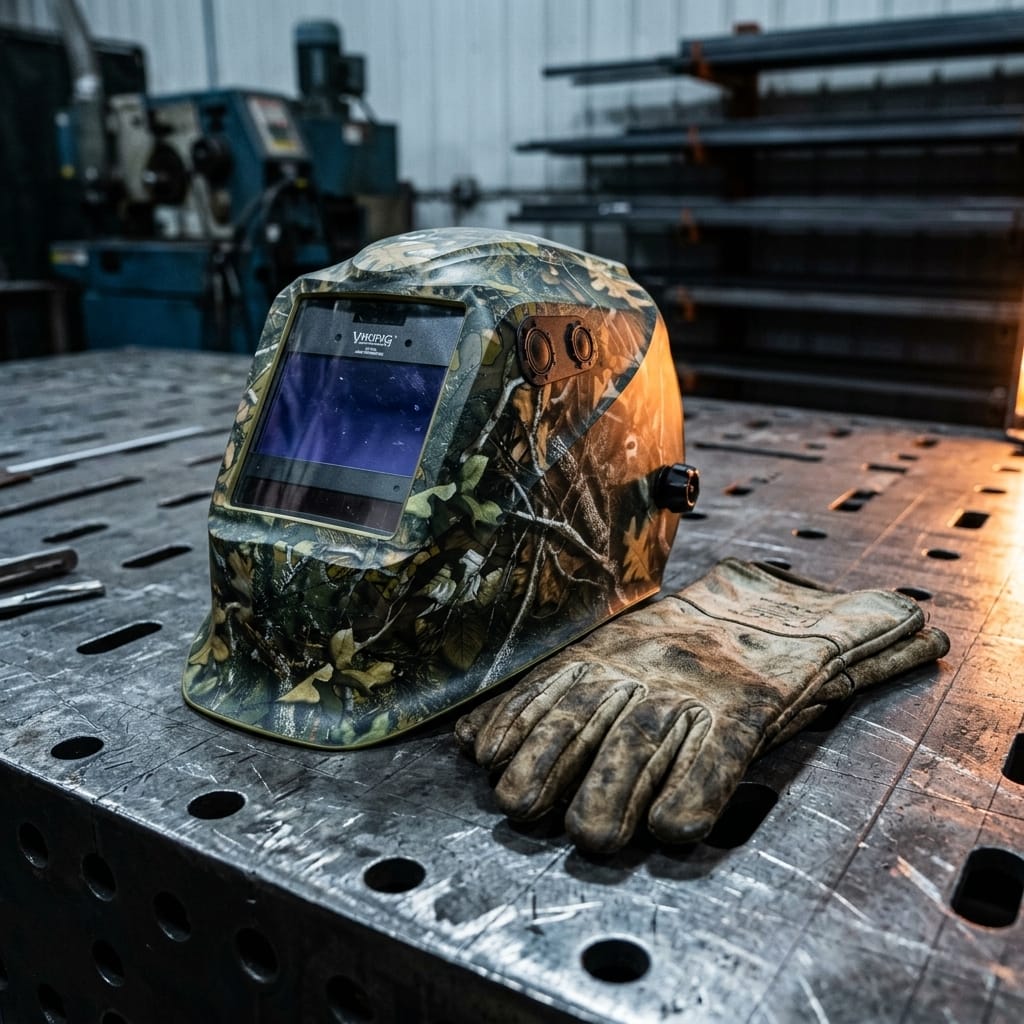 Lincoln camo welding helmet and leather work glove on a metal workbench