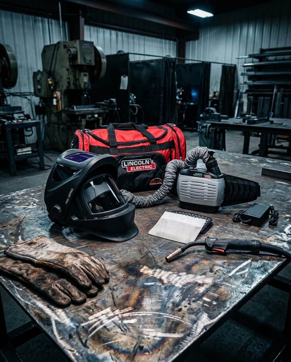 Lincoln Electric welding helmet and PAPR system with gear bag and gloves on a workshop table