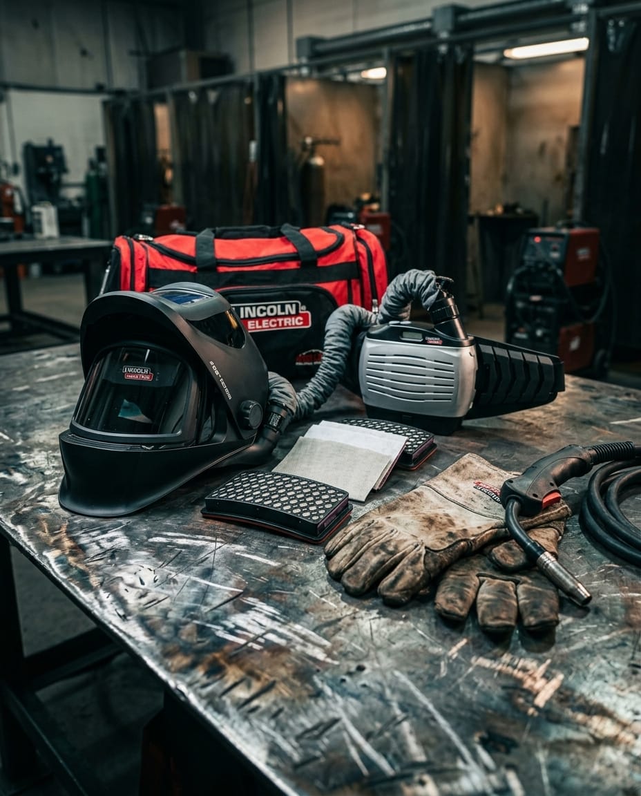 Lincoln Electric welding helmet with PAPR system, gloves, and gear bag on a metal workbench