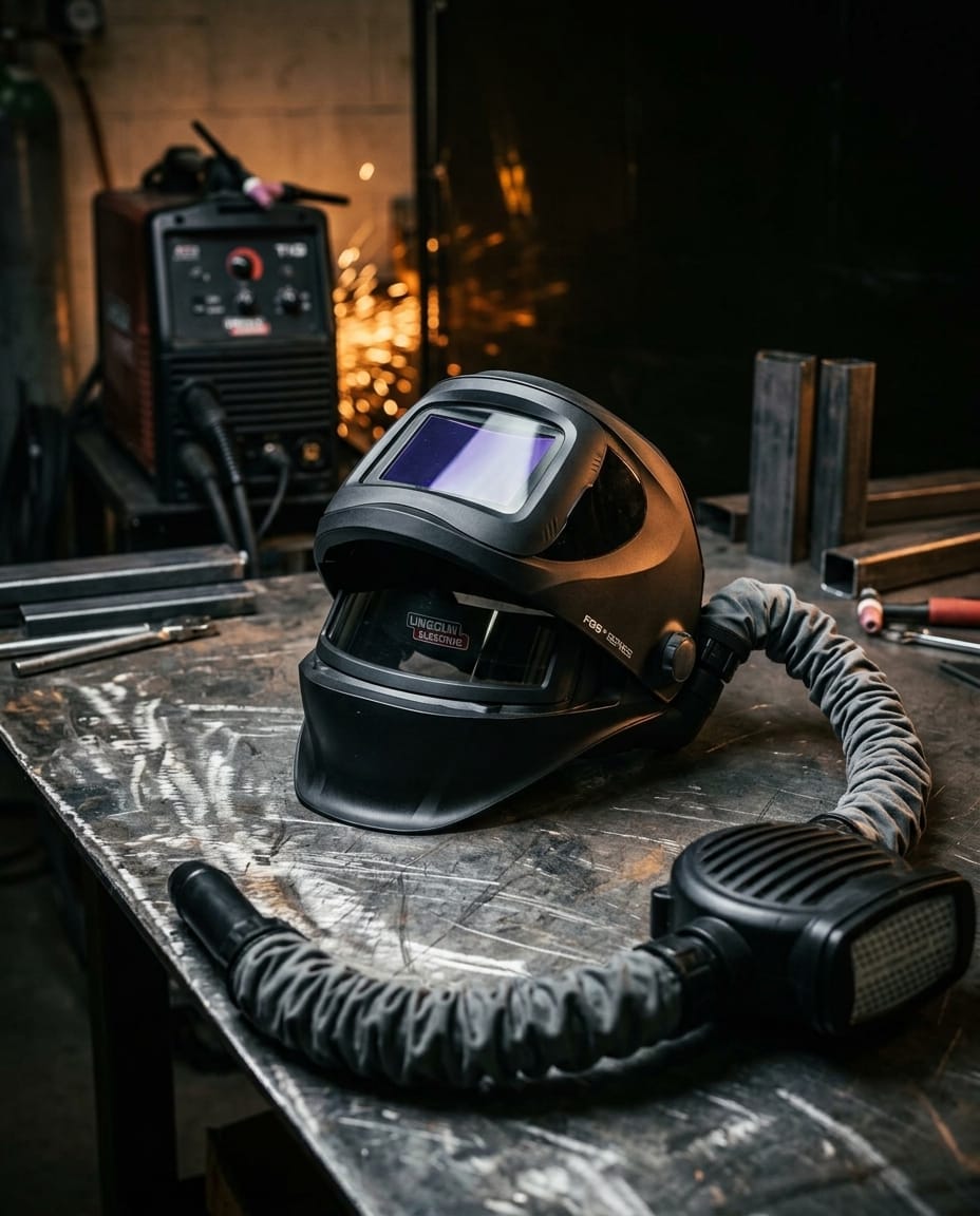 Welding helmet with integrated supplied air respirator system — Industrial Workshop Lifestyle | Generated by Modelize