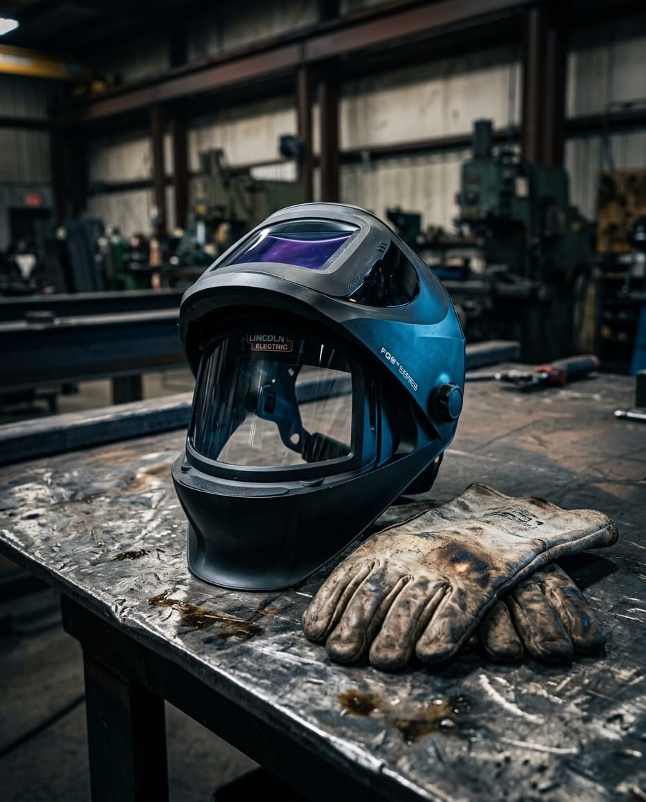 Lincoln Electric welding helmet and leather gloves on a metal workbench