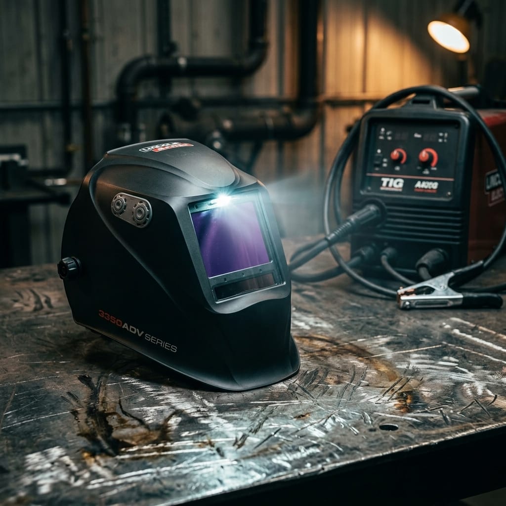 Lincoln 3350 ADV series welding helmet with integrated light on a metal workbench next to a TIG welder