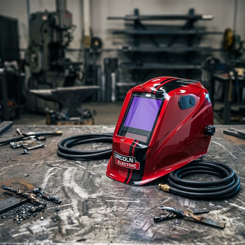 Red Lincoln Electric welding helmet on a metal workshop table