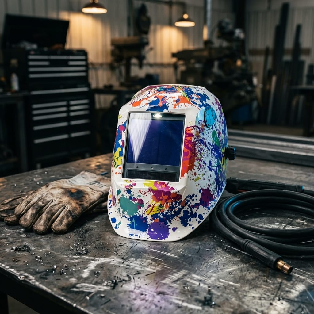 Lincoln welding helmet with paint splatter design on a metal workshop table